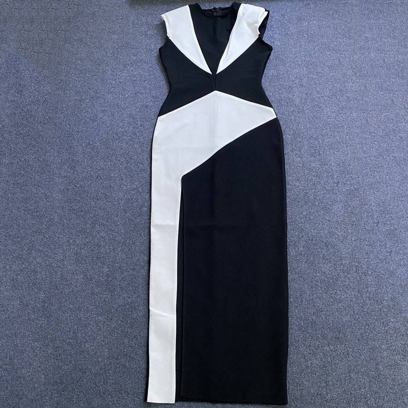 Black White Geometric Slit Midi Dress H6023