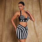 Black White Stripe Crop Top & Skirt Set H6528