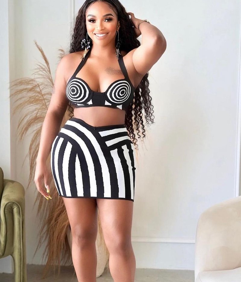Black White Stripe Crop Top & Skirt Set H6528