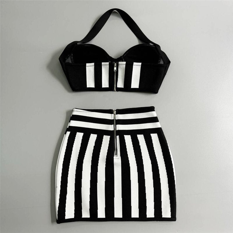 Black White Stripe Crop Top & Skirt Set H6528