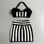 Black White Stripe Crop Top & Skirt Set H6528
