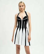 Black White Striped Halter Mini Dress H6514