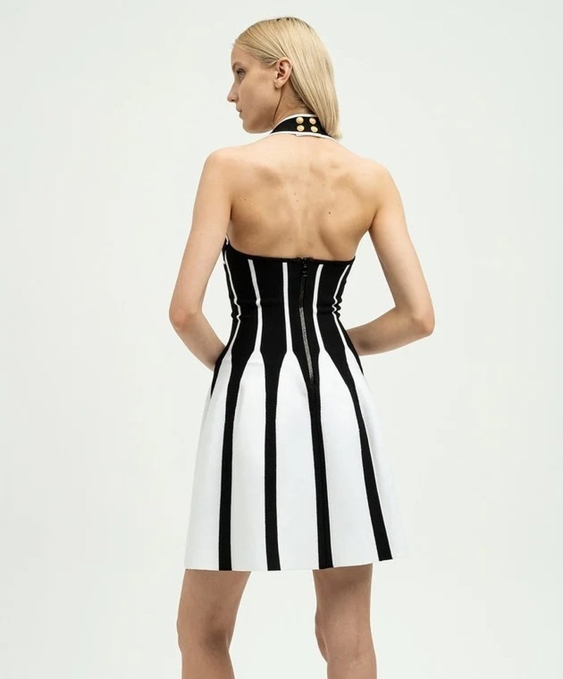 Black White Striped Halter Mini Dress H6514