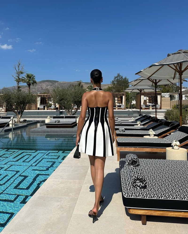Black White Striped Halter Mini Dress H6514