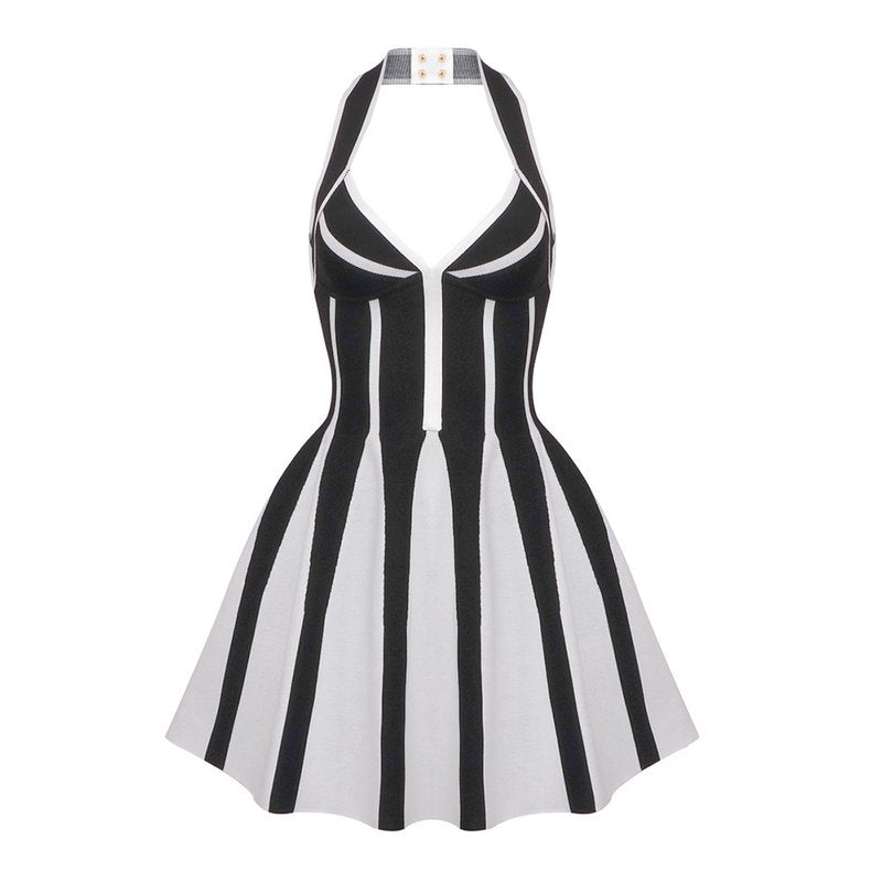 Black White Striped Halter Mini Dress H6514