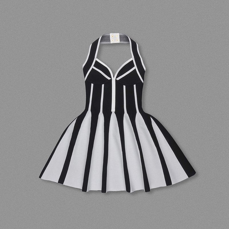 Black White Striped Halter Mini Dress H6514