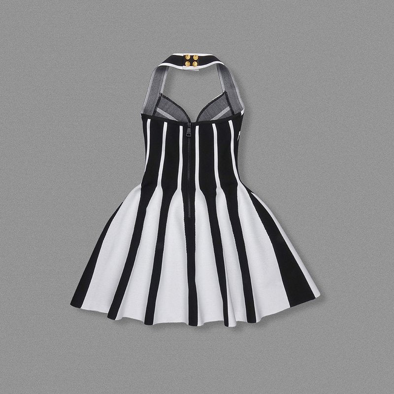 Black White Striped Halter Mini Dress H6514