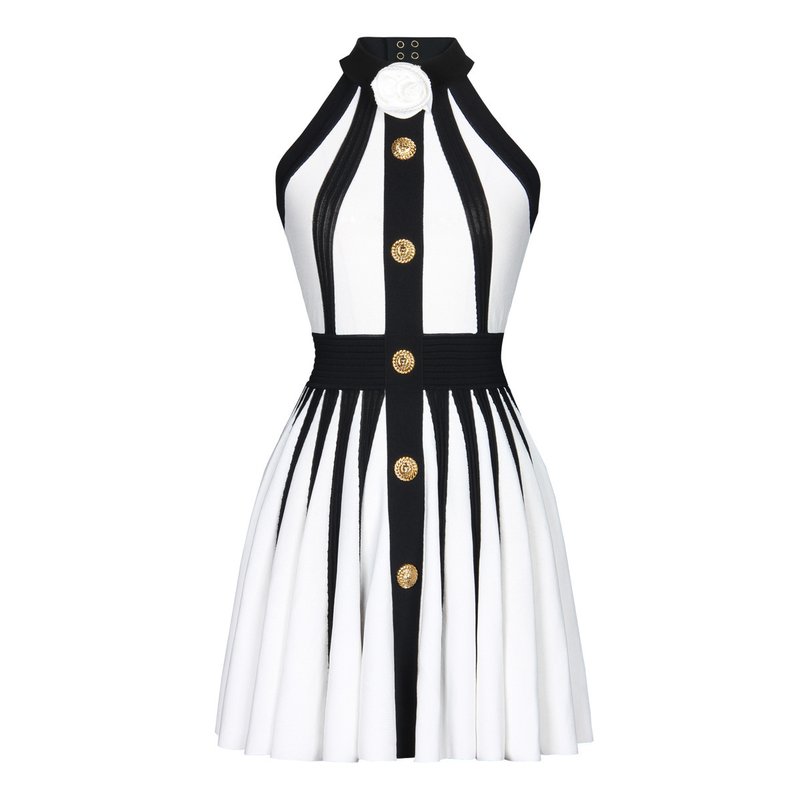 Black White Striped Pleated Mini Dress H6342