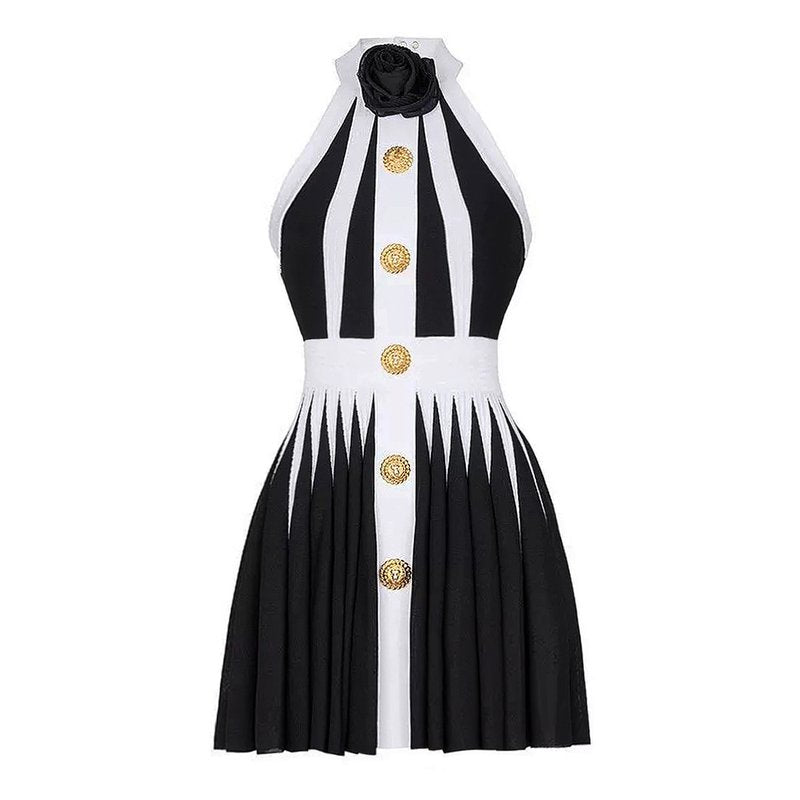 Black White Striped Pleated Mini Dress H6342