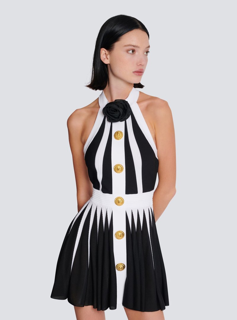 Black White Striped Pleated Mini Dress H6342