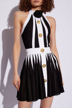 Black White Striped Pleated Mini Dress H6342