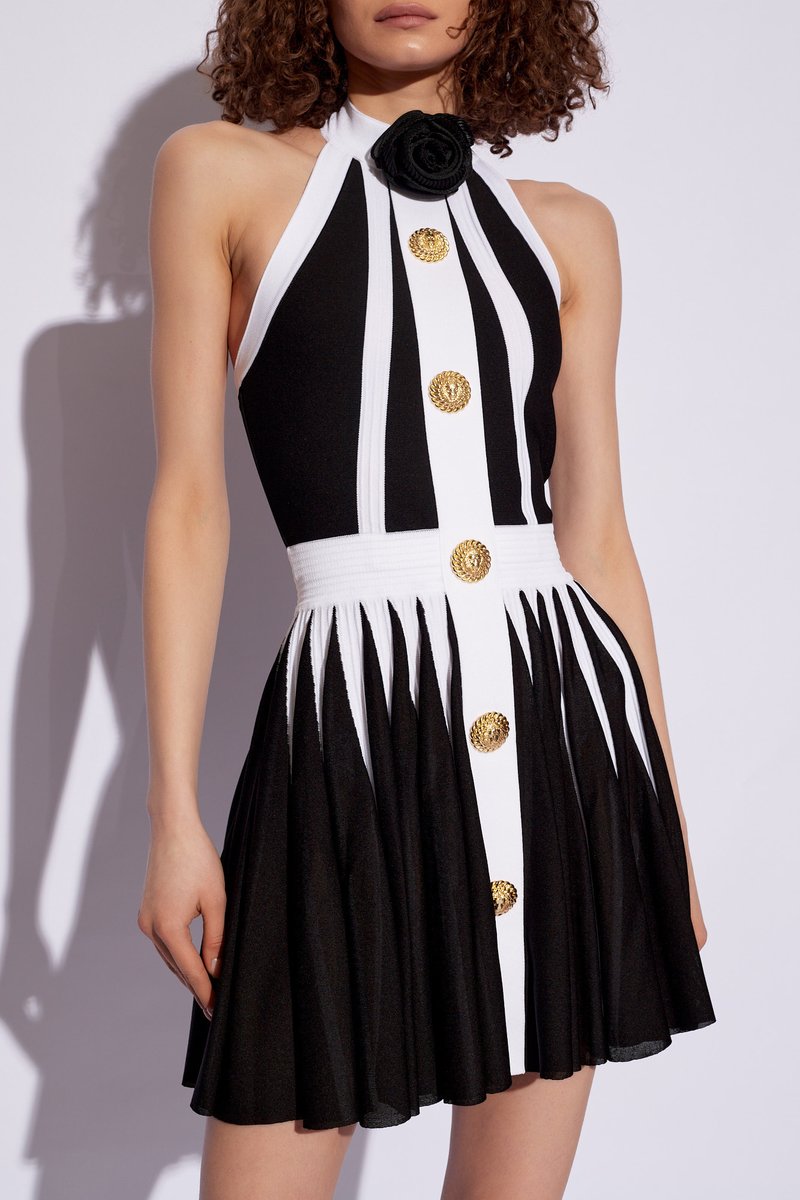 Black White Striped Pleated Mini Dress H6342