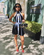 Black White Striped Pleated Mini Dress H6342