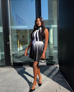 Black White Striped Pleated Mini Dress H6342