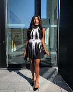 Black White Striped Pleated Mini Dress H6342