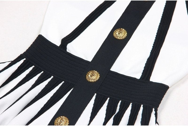 Black White Striped Pleated Mini Dress H6342