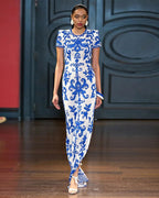 Blue and White Embroidered Maxi Dress H6284