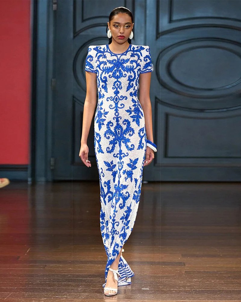 Blue and White Embroidered Maxi Dress H6284
