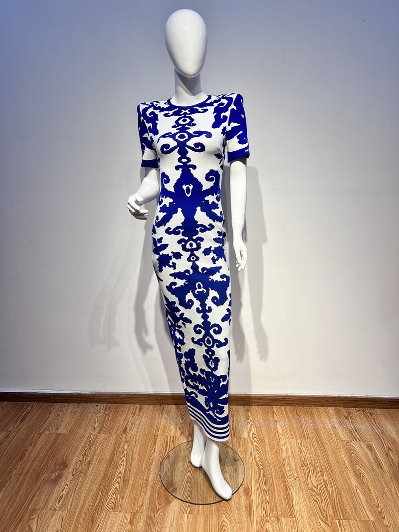 Blue and White Embroidered Maxi Dress H6284