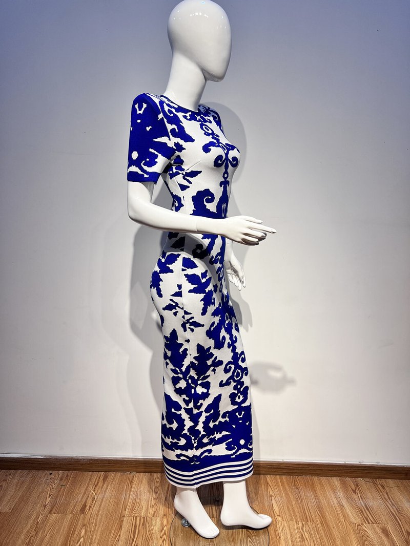 Blue and White Embroidered Maxi Dress H6284