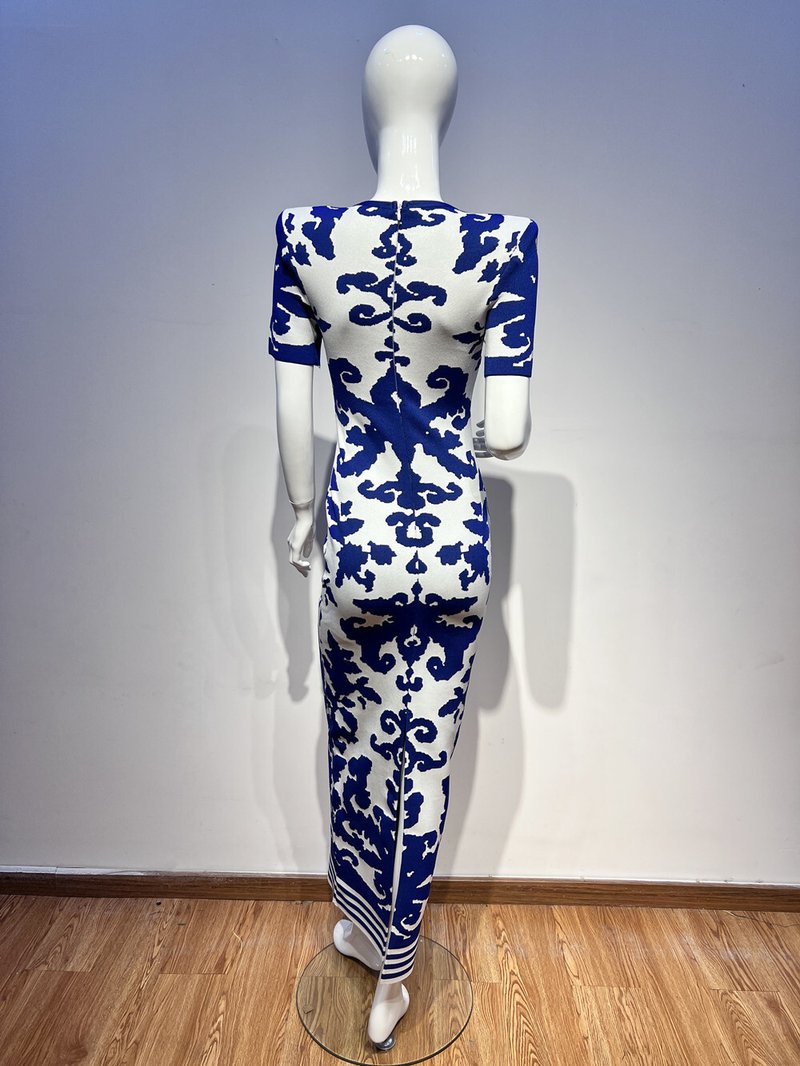 Blue and White Embroidered Maxi Dress H6284