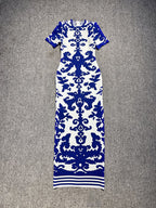 Blue and White Embroidered Maxi Dress H6284