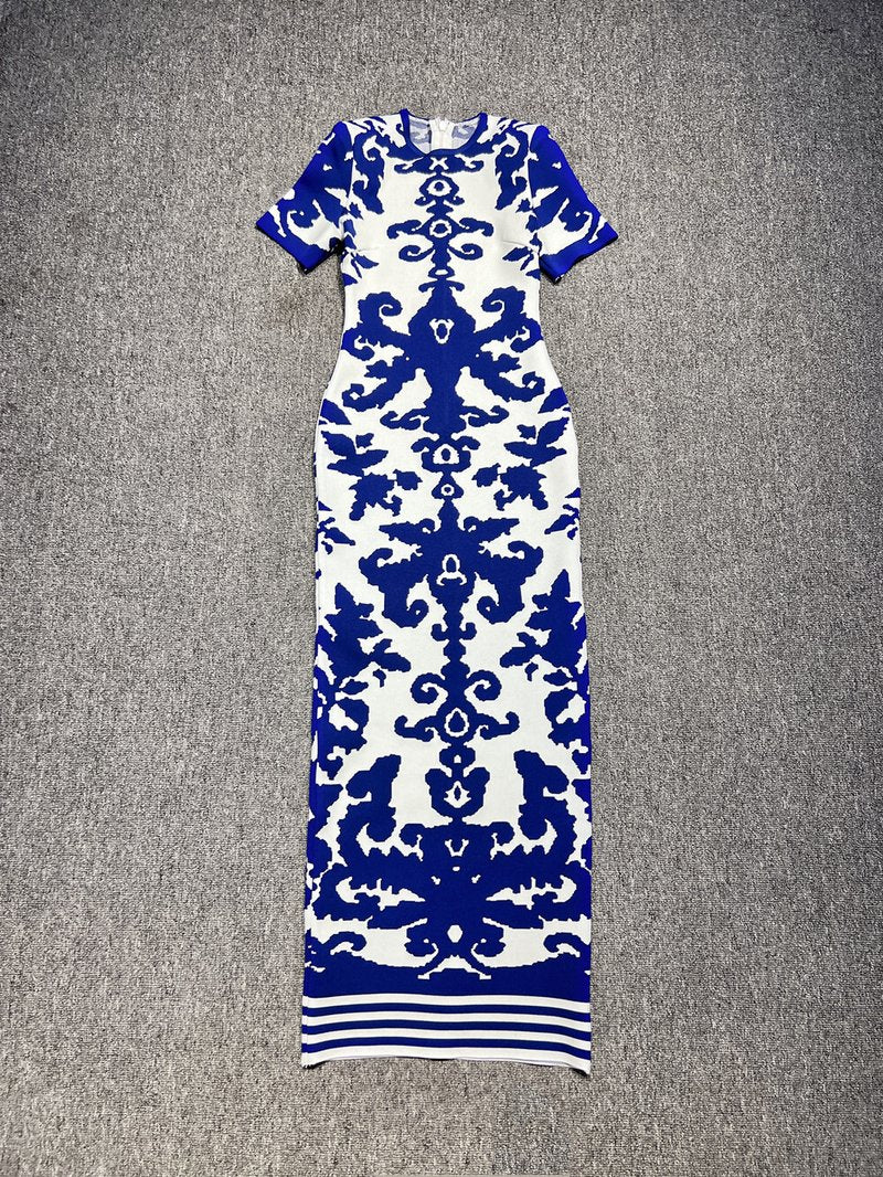 Blue and White Embroidered Maxi Dress H6284