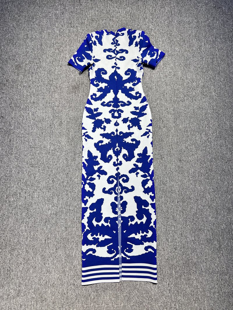 Blue and White Embroidered Maxi Dress H6284