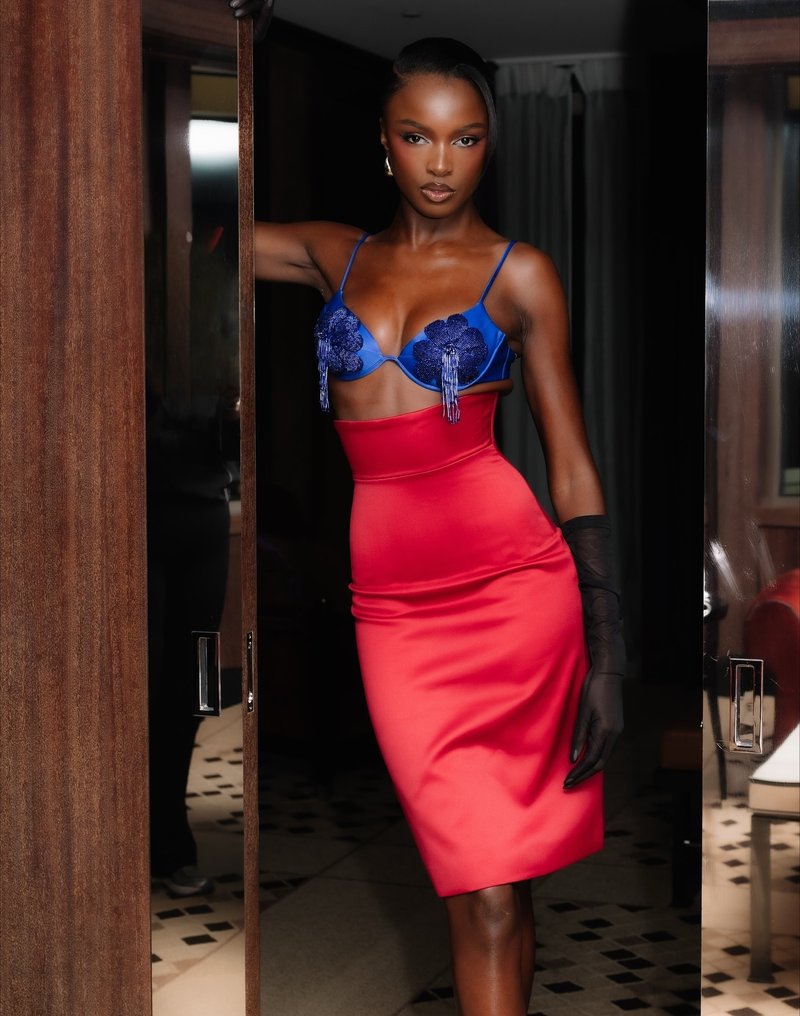 Blue Embellished Red Bandage Dress H7073