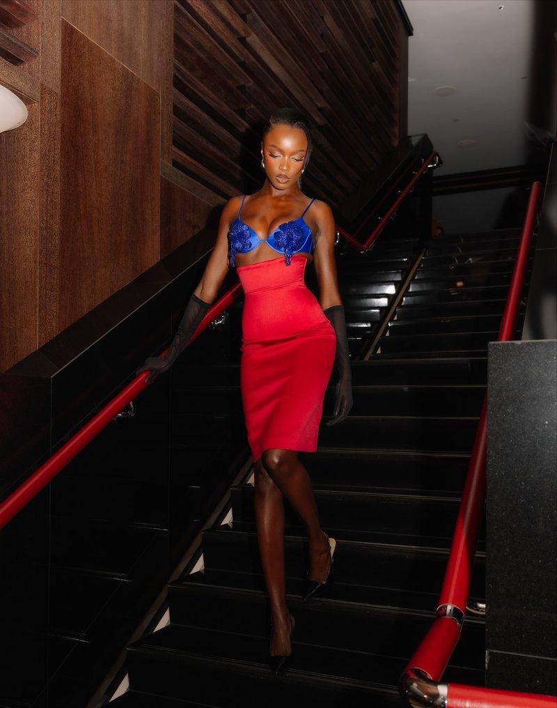 Blue Embellished Red Bandage Dress H7073