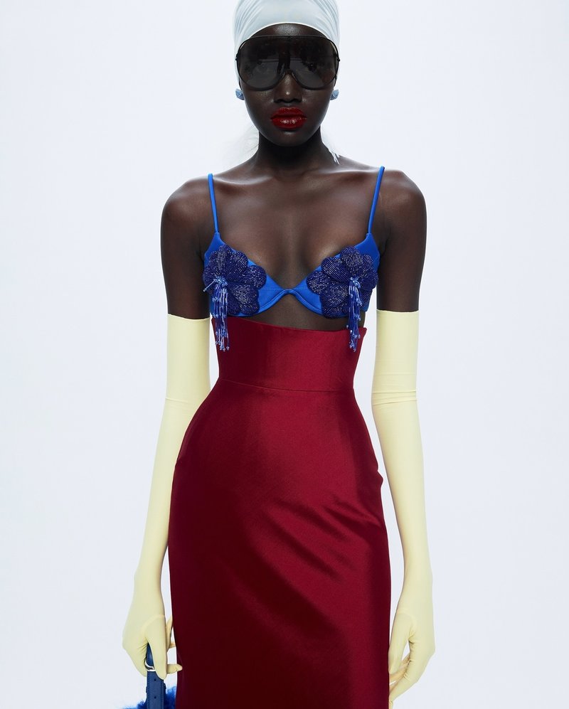 Blue Embellished Red Bandage Dress H7073