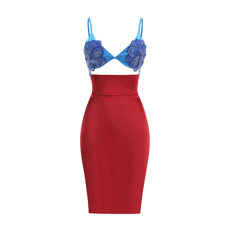 Blue Embellished Red Bandage Dress H7073