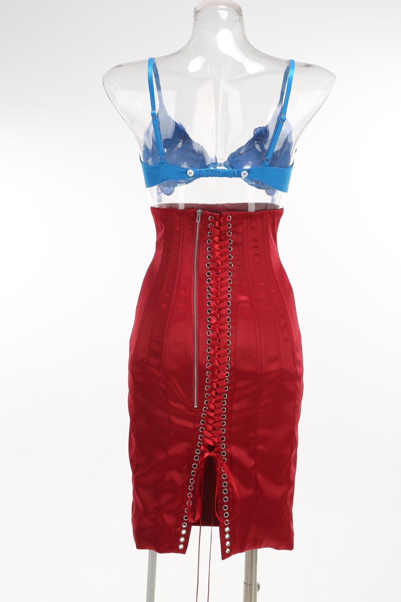Blue Embellished Red Bandage Dress H7073