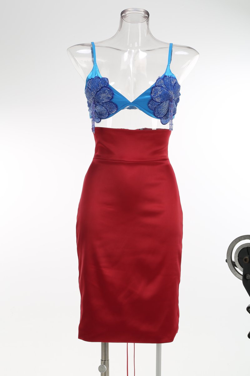 Blue Embellished Red Bandage Dress H7073
