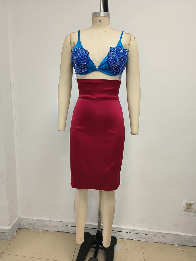 Blue Embellished Red Bandage Dress H7073