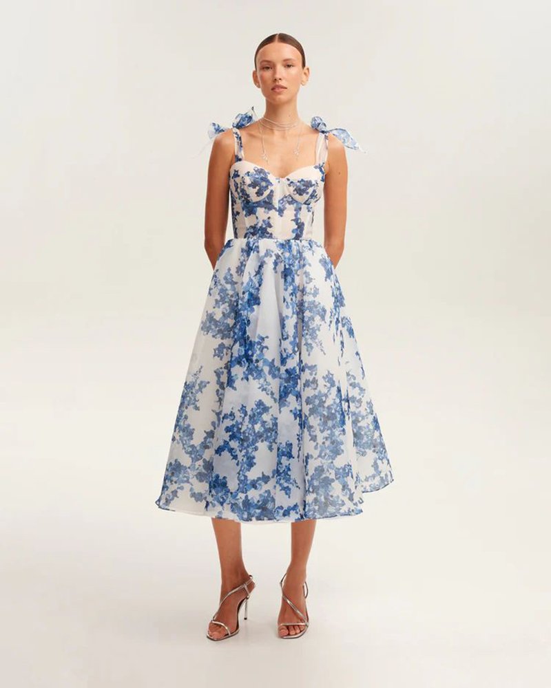 Blue Floral Print Midi Dress H6387