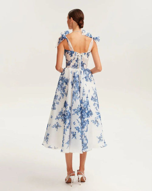 Blue Floral Print Midi Dress H6387