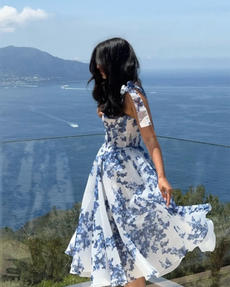 Blue Floral Print Midi Dress H6387
