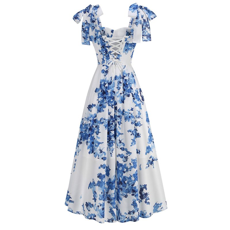 Blue Floral Print Midi Dress H6387