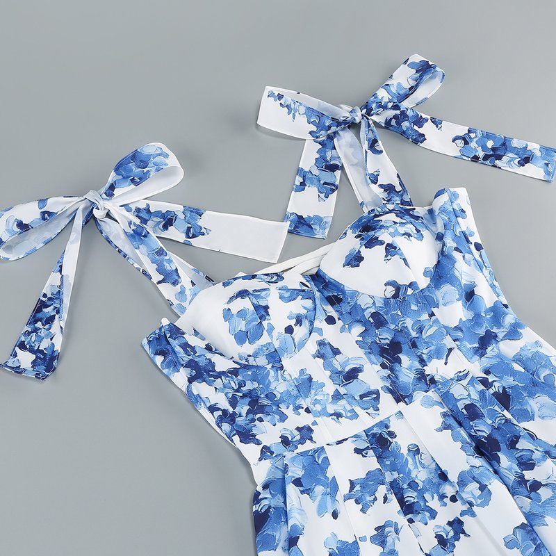 Blue Floral Print Midi Dress H6387