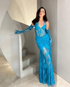 Blue Lace Sheer Mermaid Gown H6183