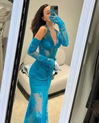Blue Lace Sheer Mermaid Gown H6183