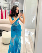 Blue Lace Sheer Mermaid Gown H6183