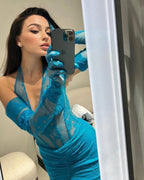 Blue Lace Sheer Mermaid Gown H6183