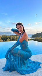 Blue Lace Sheer Mermaid Gown H6183