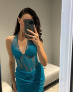 Blue Lace Sheer Mermaid Gown H6183