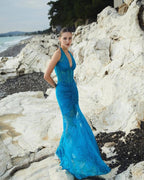 Blue Lace Sheer Mermaid Gown H6183