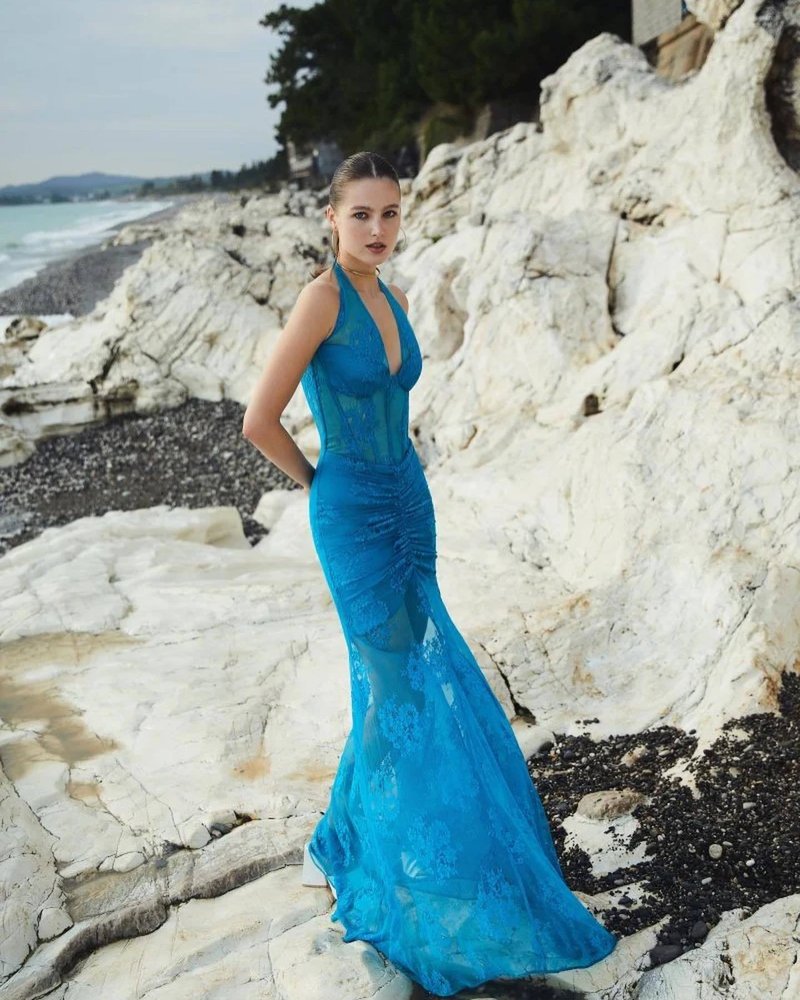 Blue Lace Sheer Mermaid Gown H6183
