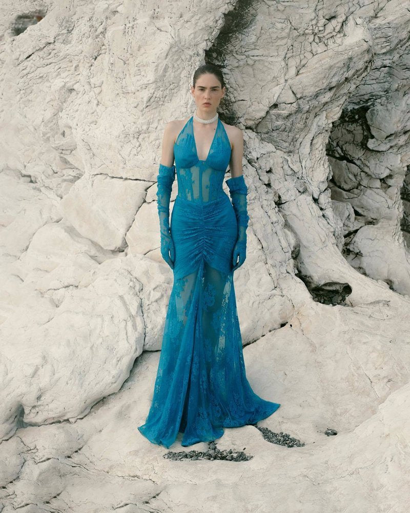 Blue Lace Sheer Mermaid Gown H6183