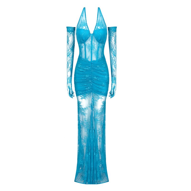 Blue Lace Sheer Mermaid Gown H6183